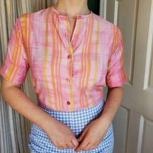Vintage 60s Sherbert Watercolor Plaid Half Sleeve Boxy Button Up Blouse